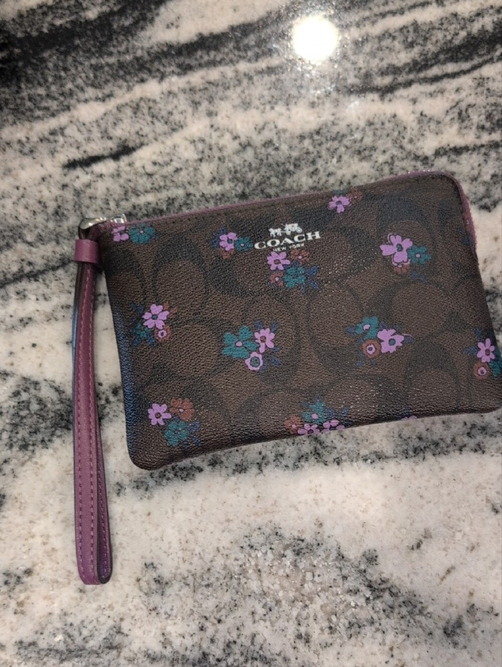 COACH Brown Signature Floral Zip Wristlet with Plum Trim - Picture 2 of 7